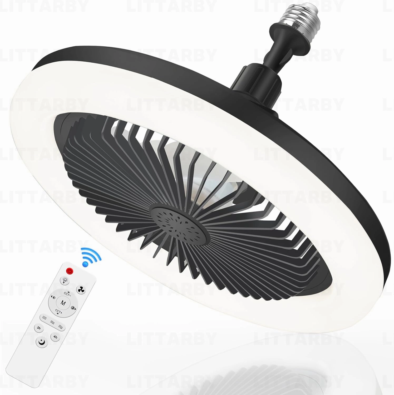 Socket Fan Light with Remote Control, 3 Colors 3000K-6500K Dimmable LED Light Bulb Fan Screw in Ceiling Fan for Bedroom, Kitchen, Storage Room, Closet, Wireless Small Ceiling Fans with Lights - Black Small bladeless fan for quiet cooling