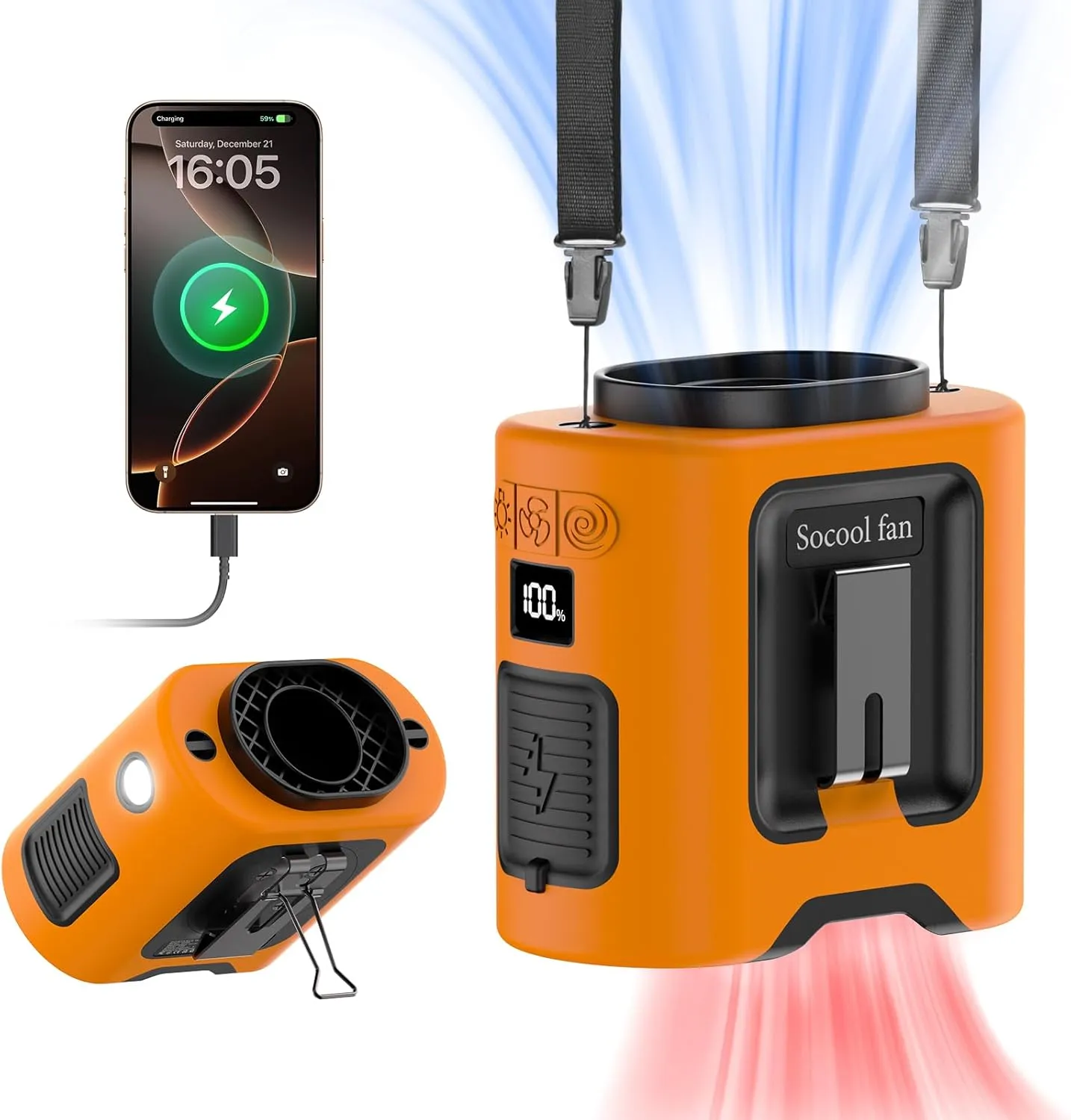 Socool 14500mAh Portable Waist Fan Clip on Belt 360 Rotation Wearable Rechargeable Personal Shirt Fan, 67H Cooling 5-Speed Battery Operated Fans with Light, Neck Fan Hanging for Outdoor Camping Travel 360-degree rotating fan for home use