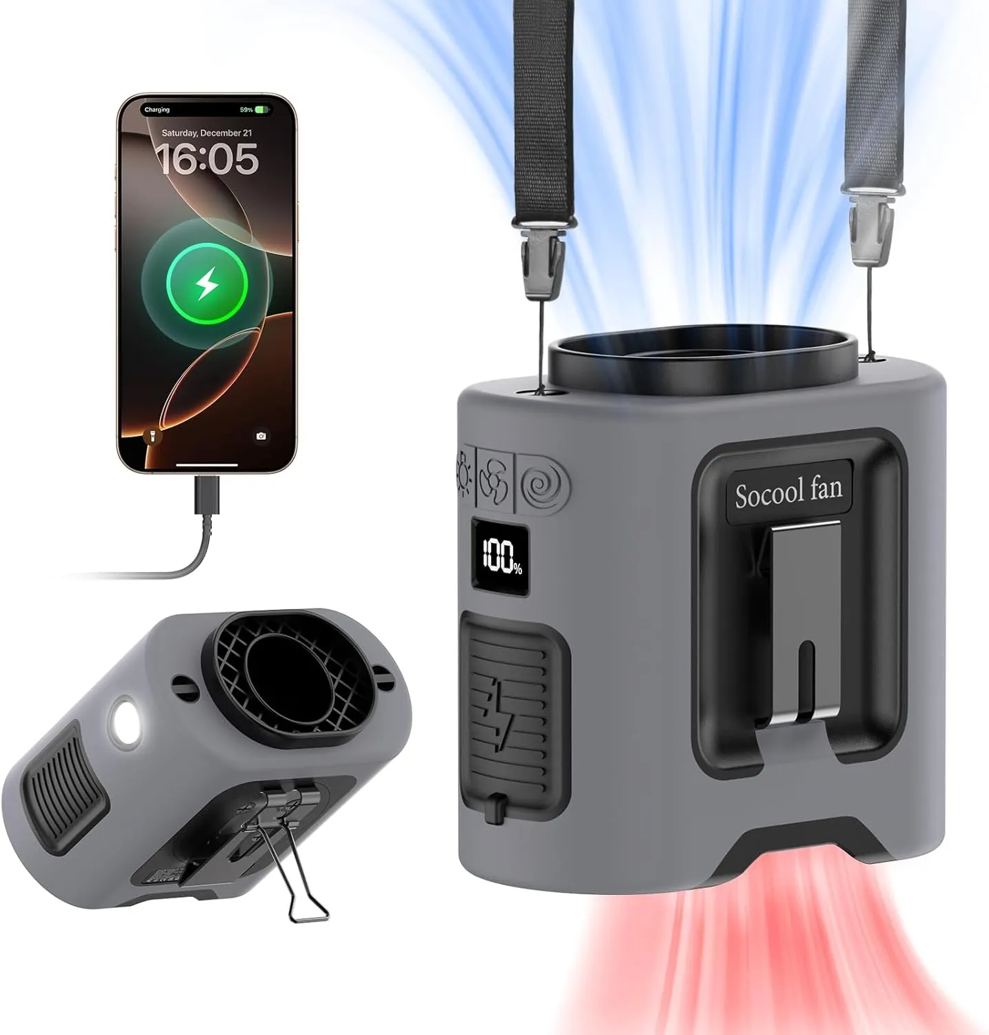 Socool 14500mAh Portable Waist Fan Clip on Belt 360 Rotation Wearable Rechargeable Personal Shirt Fan, 67H Cooling 5-Speed Battery Operated Fans with Light, Neck Fan Hanging for Outdoor Camping Travel Neck fan for hands-free comfort