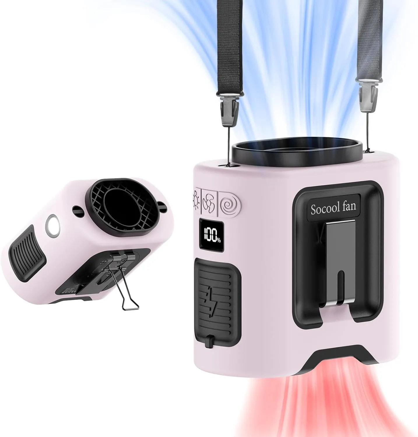 Socool 14500mAh Portable Waist Fan Clip on Belt 360 Rotation Wearable Rechargeable Personal Shirt Fan, 67H Cooling 5-Speed Battery Operated with Light, Neck Fan Hands-Free for Outdoor Jobsite Camping Waist-mounted portable fan for outdoor use