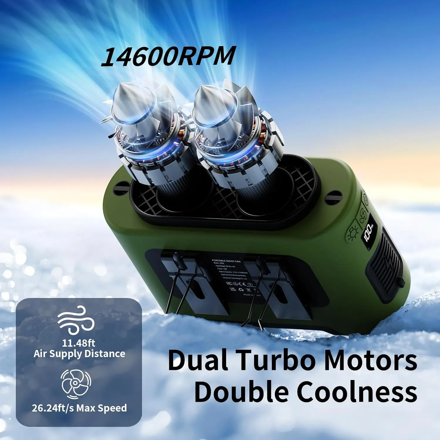 Socool 14500mAh Portable Waist Fan Clip on Wearable Belt Rechargeable Personal Fan, Dual Air Outlet, 40Hrs Cooling 5-Speed Battery Operated Fans with Light, Neck Fan Hanging for Outdoor Camping Travel