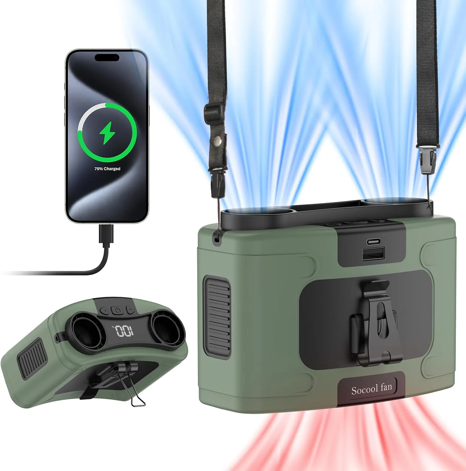 Socool 20000mAh Portable Waist Fan Clip on Wearable Belt Personal Fans Rechargeable Battery Operated, 40H Cooling Fan with 10 Speeds & Dual Motors, Neck Fans Hanging Hands-Free for Outdoor Travel Waist-mounted portable fan for outdoor use
