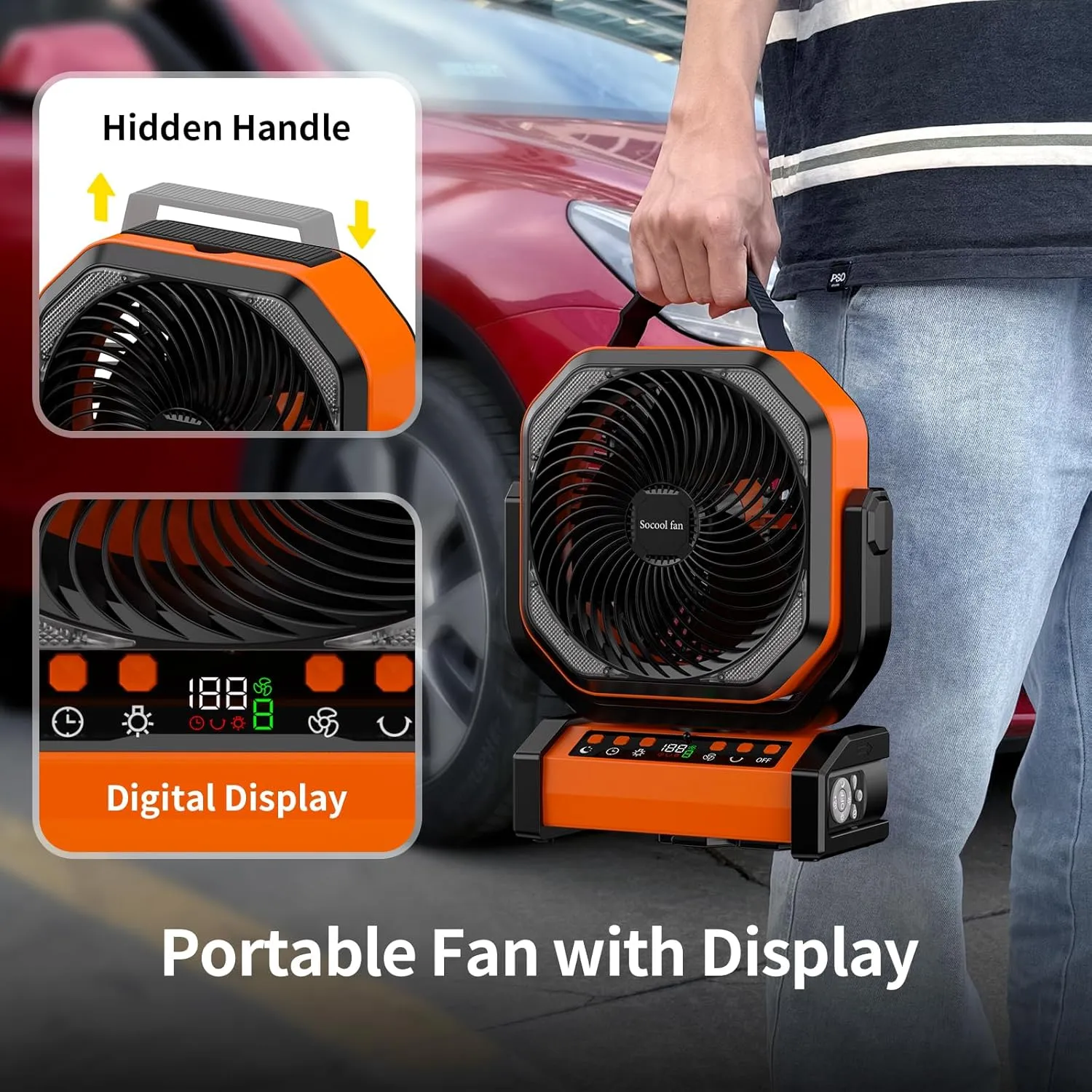 Socool Camping Fan with Light - 20000mAh Rechargeable Battery Fan with Remote, 112Hrs & 8 Speeds, Digital Display, Timer, Auto Oscillation, 270 Pivot & Hook for Outdoor Tent, Hurricane, Power Outage