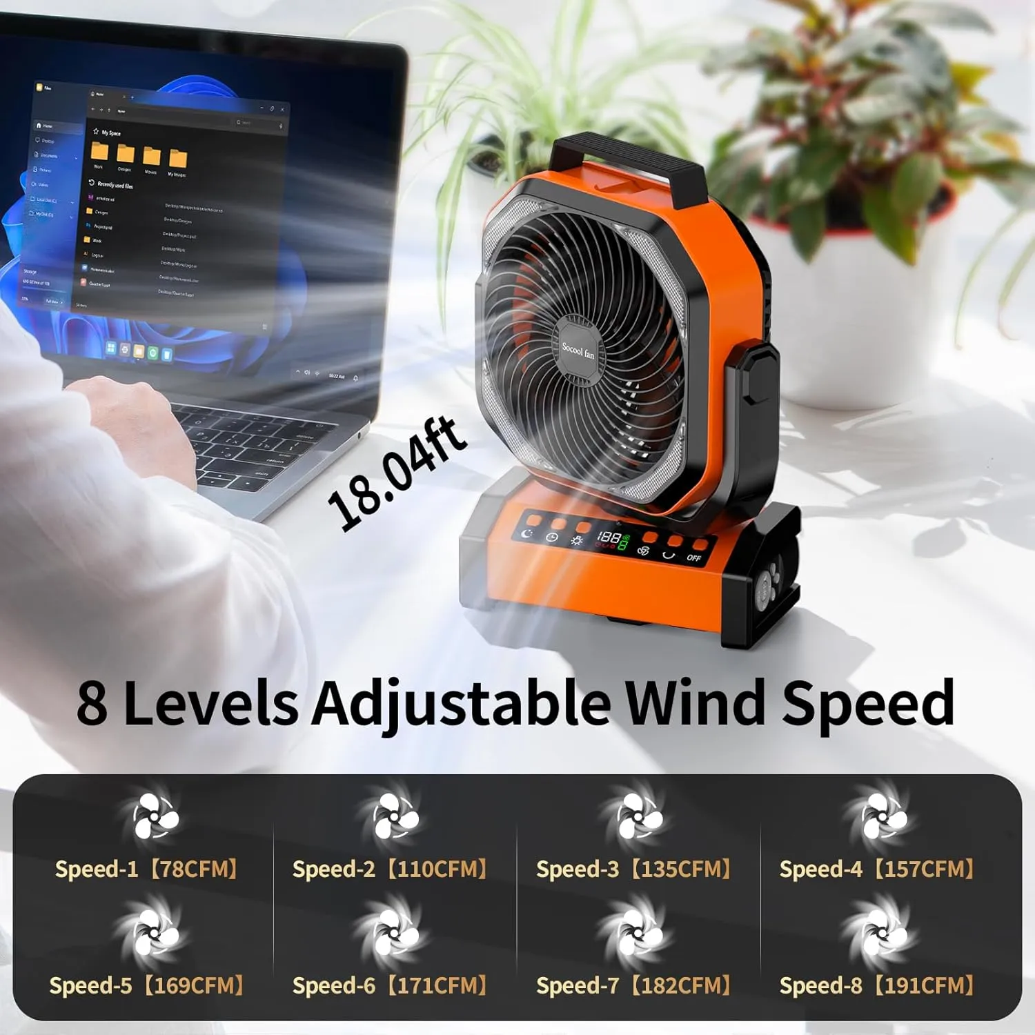 Socool Camping Fan with Light - 20000mAh Rechargeable Battery Fan with Remote, 112Hrs & 8 Speeds, Digital Display, Timer, Auto Oscillation, 270 Pivot & Hook for Outdoor Tent, Hurricane, Power Outage