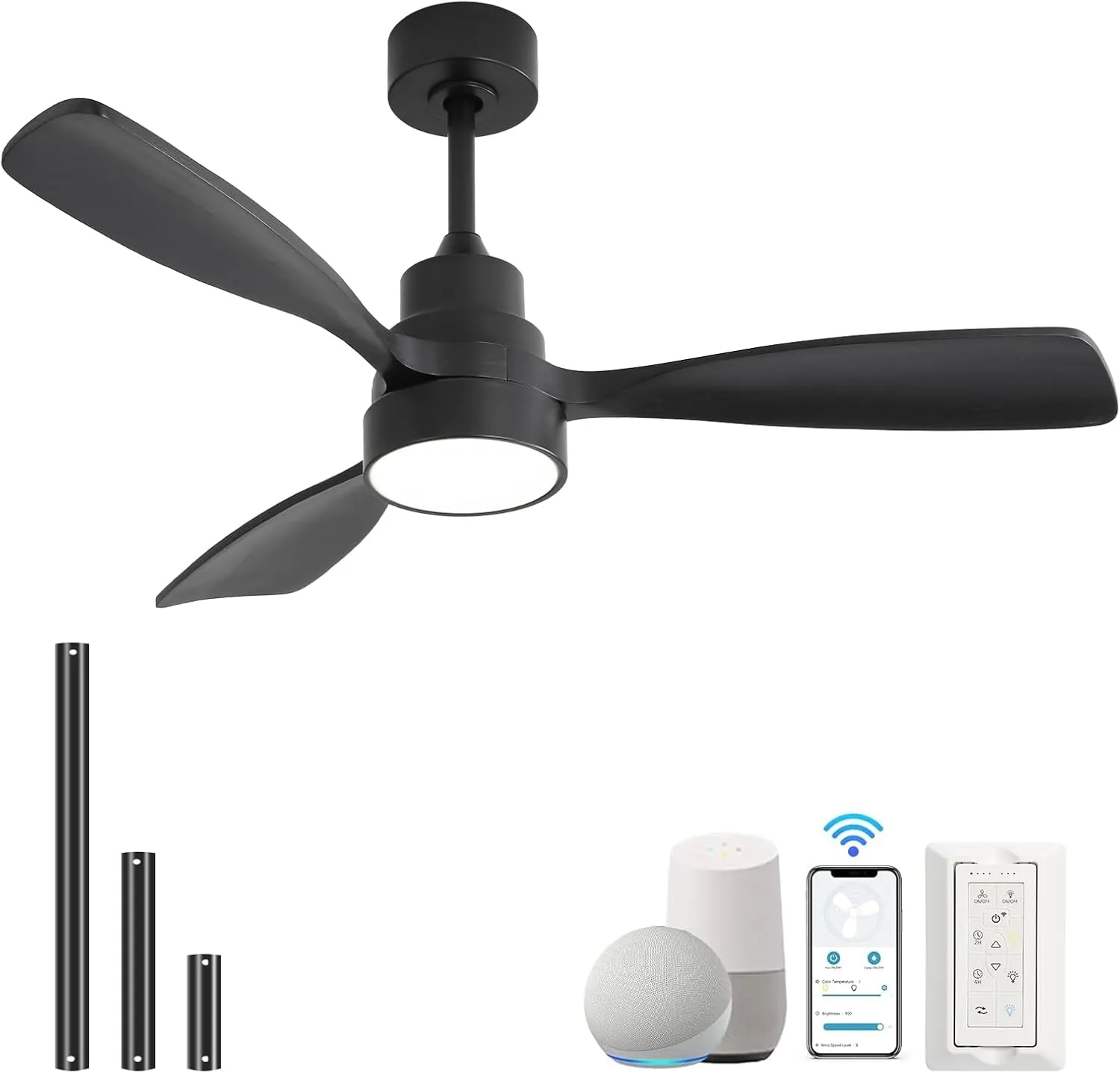 Sofucor 48'' Ceiling Fans with Lights, Smart Ceiling Fan With Remote, Work with Alexa/Google, Reversible DC Motor, 3 Blade Black Solid Wood Fan Light, Indoor Outdoor Ceiling Fans for Patio Bedroom Fan with safety blade design