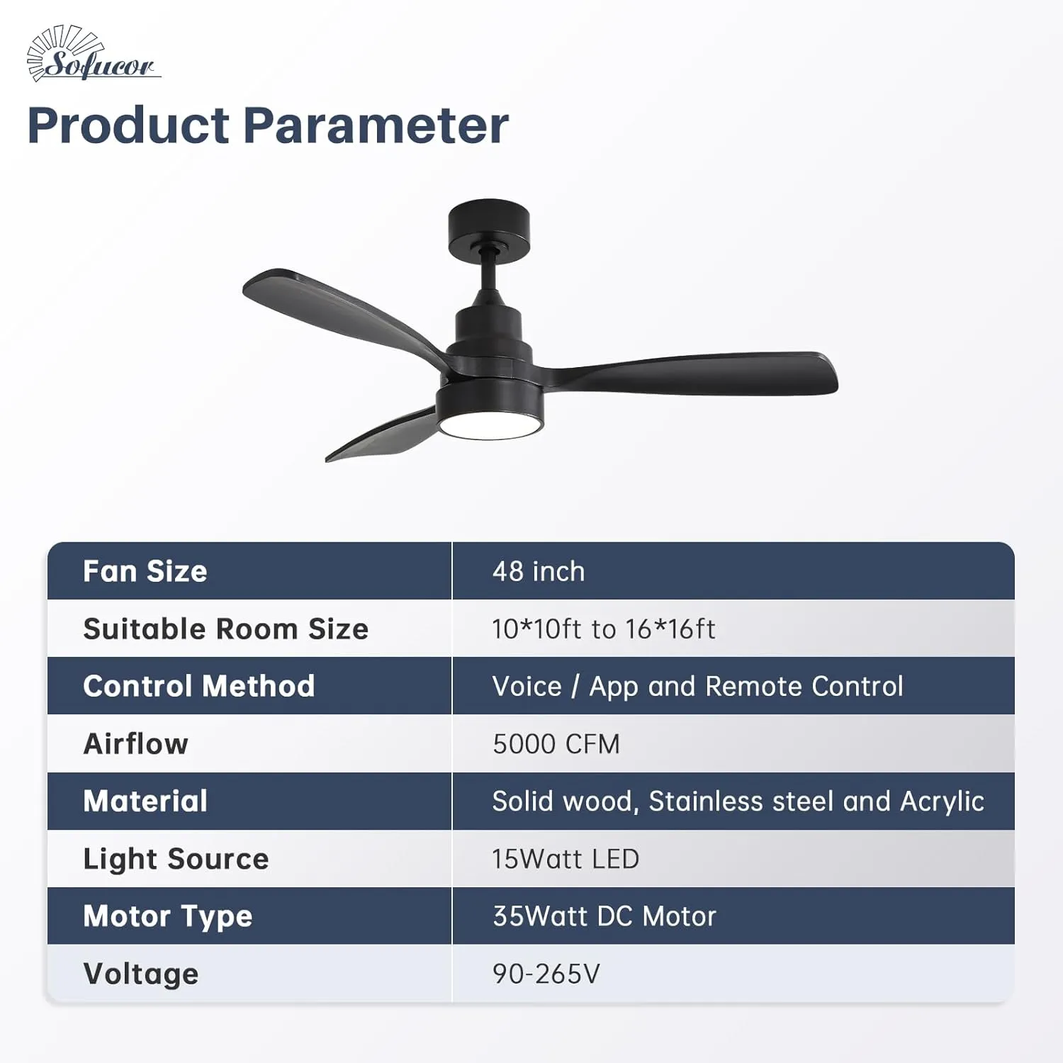 Sofucor 48'' Ceiling Fans with Lights, Smart Ceiling Fan With Remote, Work with Alexa/Google, Reversible DC Motor, 3 Blade Black Solid Wood Fan Light, Indoor Outdoor Ceiling Fans for Patio Bedroom