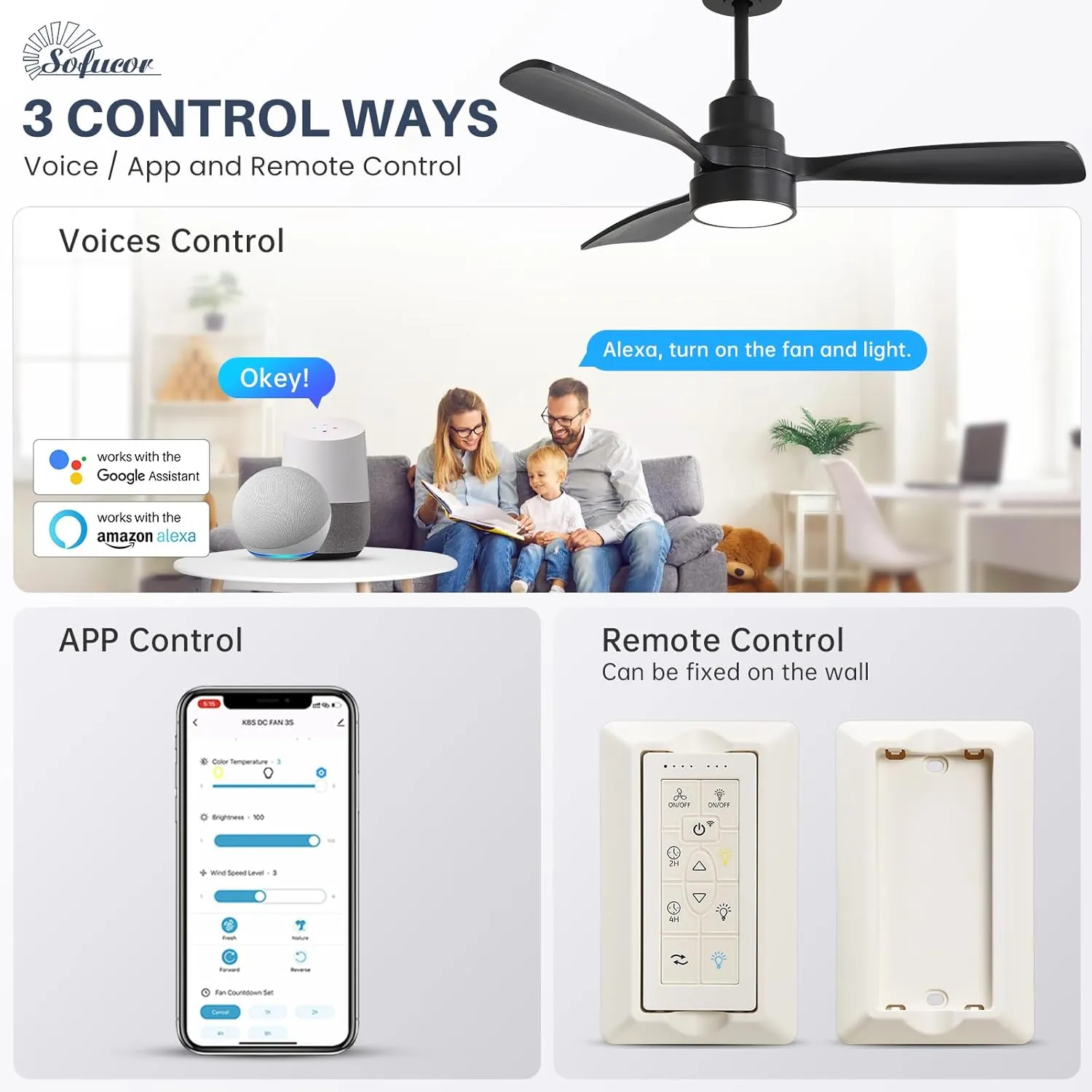 Sofucor 48'' Ceiling Fans with Lights, Smart Ceiling Fan With Remote, Work with Alexa/Google, Reversible DC Motor, 3 Blade Black Solid Wood Fan Light, Indoor Outdoor Ceiling Fans for Patio Bedroom