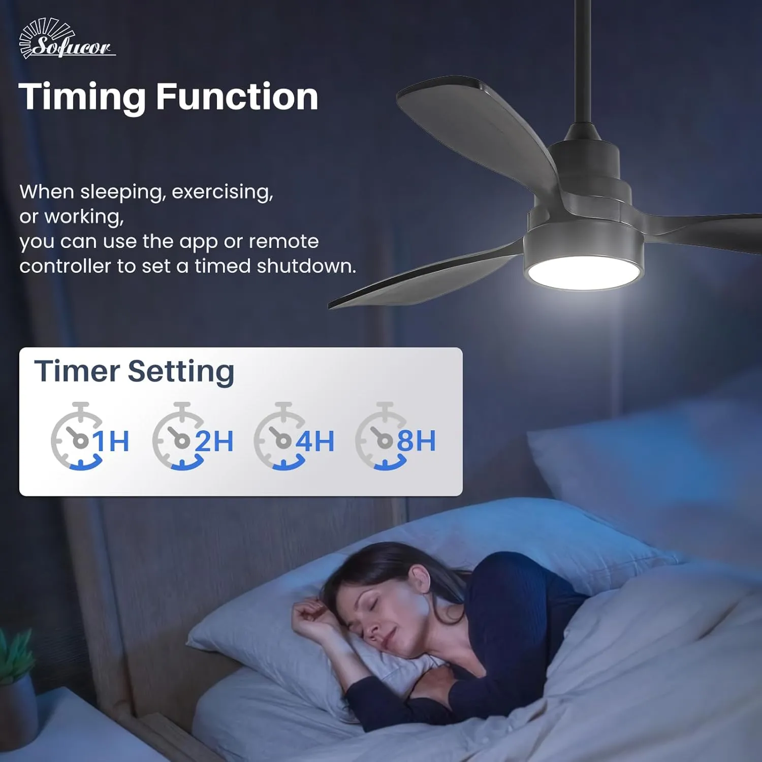 Sofucor 48'' Ceiling Fans with Lights, Smart Ceiling Fan With Remote, Work with Alexa/Google, Reversible DC Motor, 3 Blade Black Solid Wood Fan Light, Indoor Outdoor Ceiling Fans for Patio Bedroom