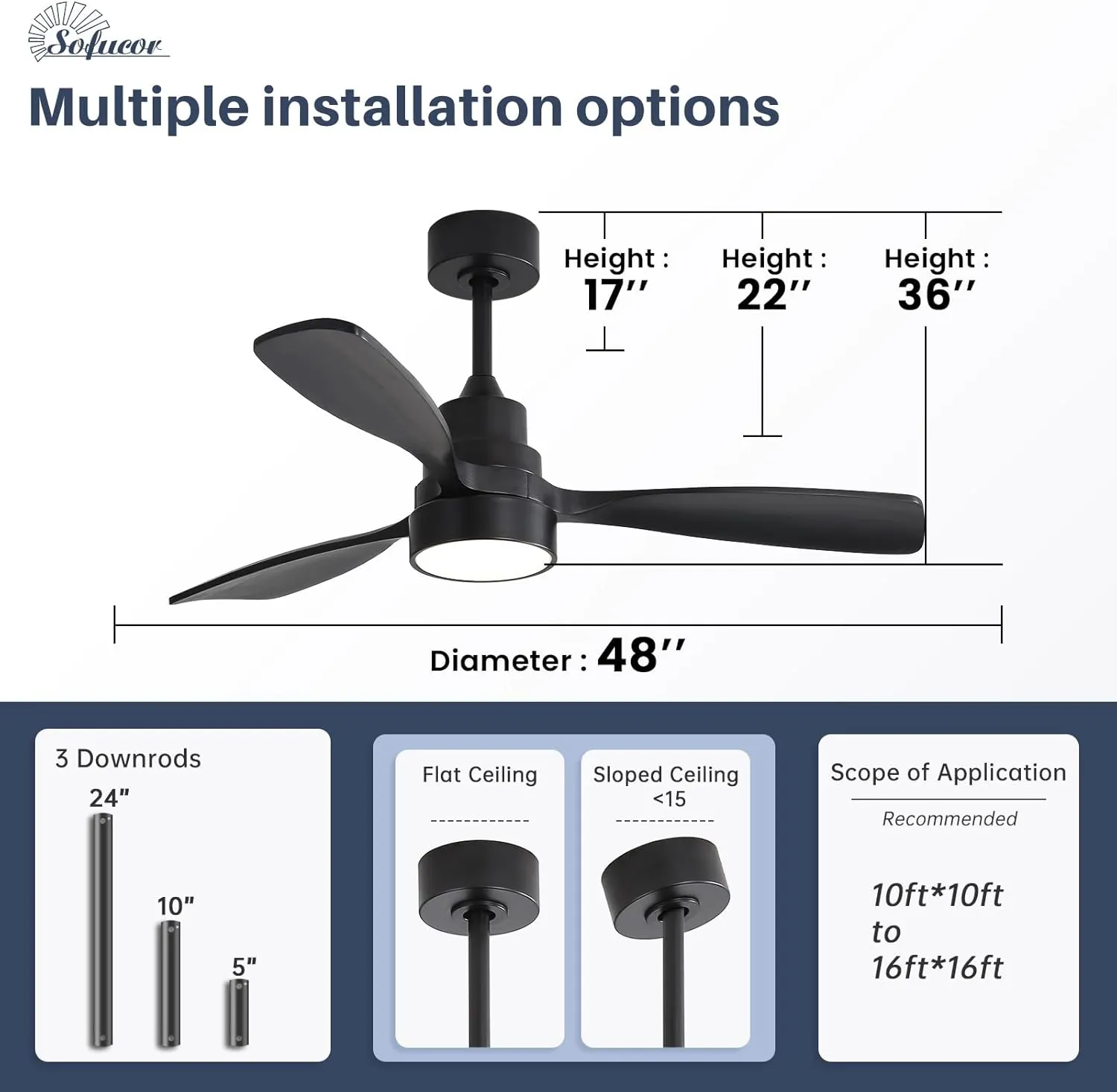 Sofucor 48'' Ceiling Fans with Lights, Smart Ceiling Fan With Remote, Work with Alexa/Google, Reversible DC Motor, 3 Blade Black Solid Wood Fan Light, Indoor Outdoor Ceiling Fans for Patio Bedroom