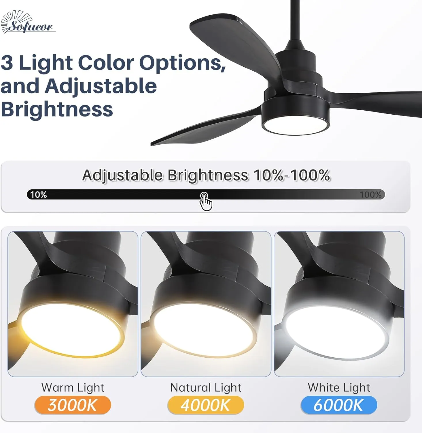 Sofucor 48'' Ceiling Fans with Lights, Smart Ceiling Fan With Remote, Work with Alexa/Google, Reversible DC Motor, 3 Blade Black Solid Wood Fan Light, Indoor Outdoor Ceiling Fans for Patio Bedroom