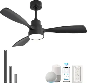 Sofucor 48'' Ceiling Fans with Lights, Smart Ceiling Fan With Remote, Work with Alexa/Google, Reversible DC Motor, 3 Blade Black Solid Wood Fan Light, Indoor Outdoor Ceiling Fans for Patio Bedroom Fan with safety blade design
