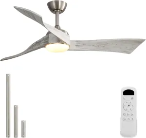 Sofucor 52 Inch Ceiling Fan with Light and Remote, Modern 3 Solid Wood Blades Ceiling Fan, 6 Speeds 5500CFM, Dimmable 3-Color LED with Memory, Timer & Quiet & Reversible DC Motor, ETL, Gray Wood Fan with safety blade design