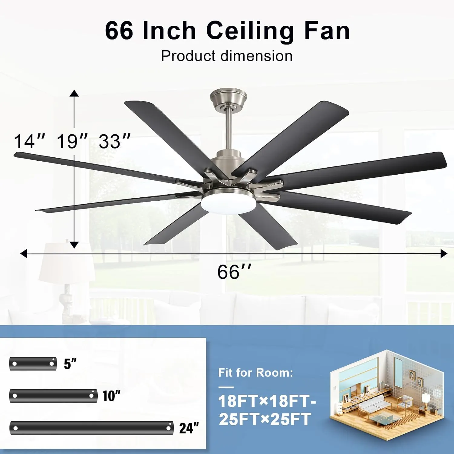 Sofucor 66 Inch Ceiling Fans with Lights, Smart Indoor Outdoor Ceiling Fan with Remote, Work with Alexa/Google, Low Profile Ceiling Fan with Light, Black Large Ceiling Fans Light for Patio, Farmhouse