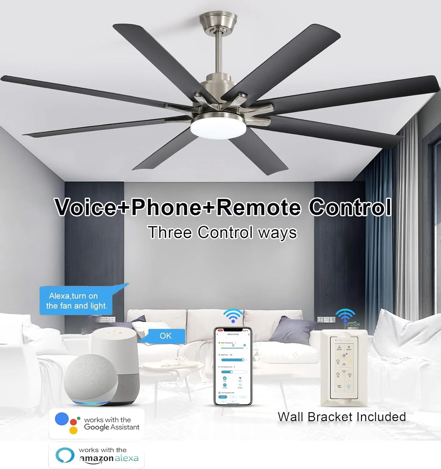 Sofucor 66 Inch Ceiling Fans with Lights, Smart Indoor Outdoor Ceiling Fan with Remote, Work with Alexa/Google, Low Profile Ceiling Fan with Light, Black Large Ceiling Fans Light for Patio, Farmhouse