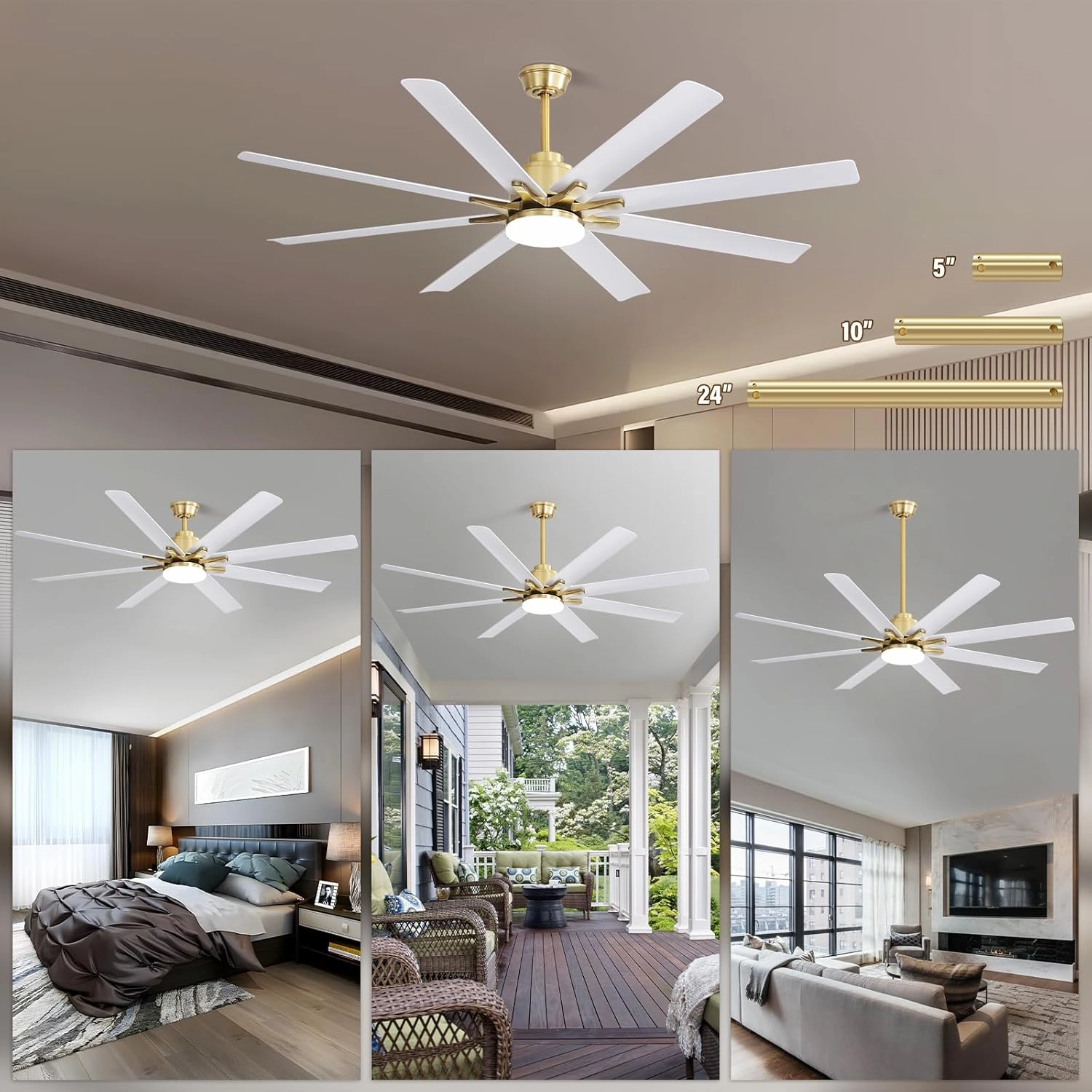Sofucor 66 Inch Smart Ceiling Fan with Lights and Remote, APP Control, Compatible with Alexa/Google, Indoor Outdoor Low Profile White Ceiling Fan with 3 Downrod for Living Room Farmhouse Patio