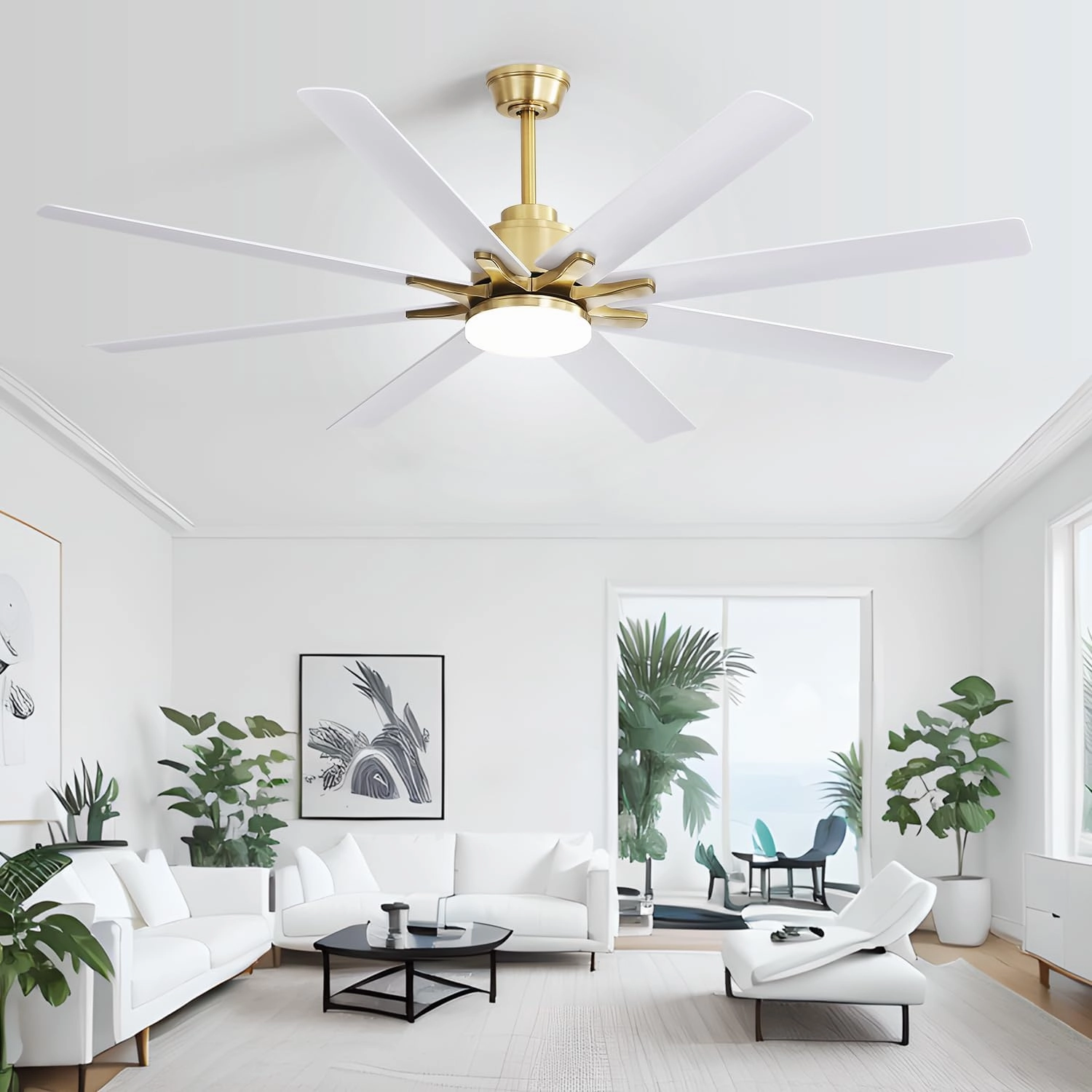 Sofucor 66 Inch Smart Ceiling Fan with Lights and Remote, APP Control, Compatible with Alexa/Google, Indoor Outdoor Low Profile White Ceiling Fan with 3 Downrod for Living Room Farmhouse Patio