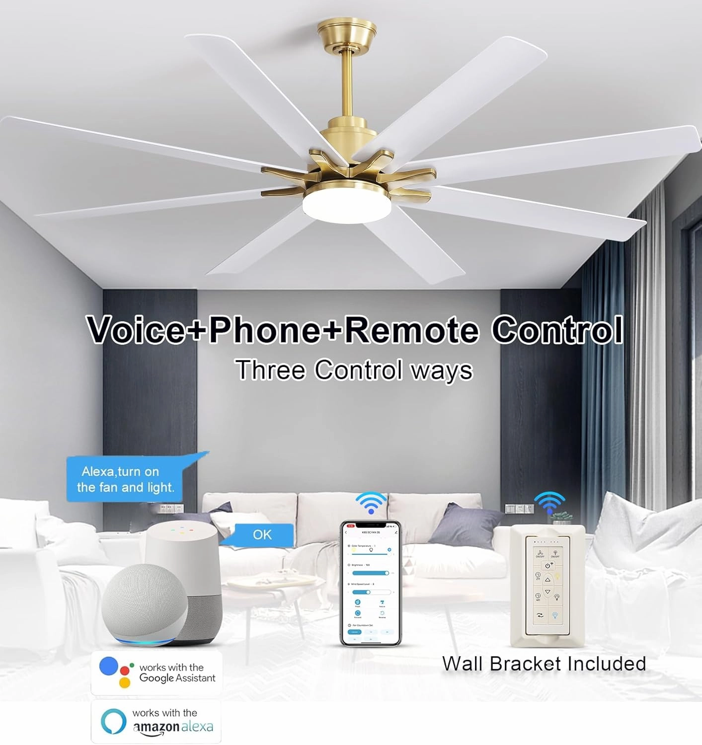 Sofucor 66 Inch Smart Ceiling Fan with Lights and Remote, APP Control, Compatible with Alexa/Google, Indoor Outdoor Low Profile White Ceiling Fan with 3 Downrod for Living Room Farmhouse Patio