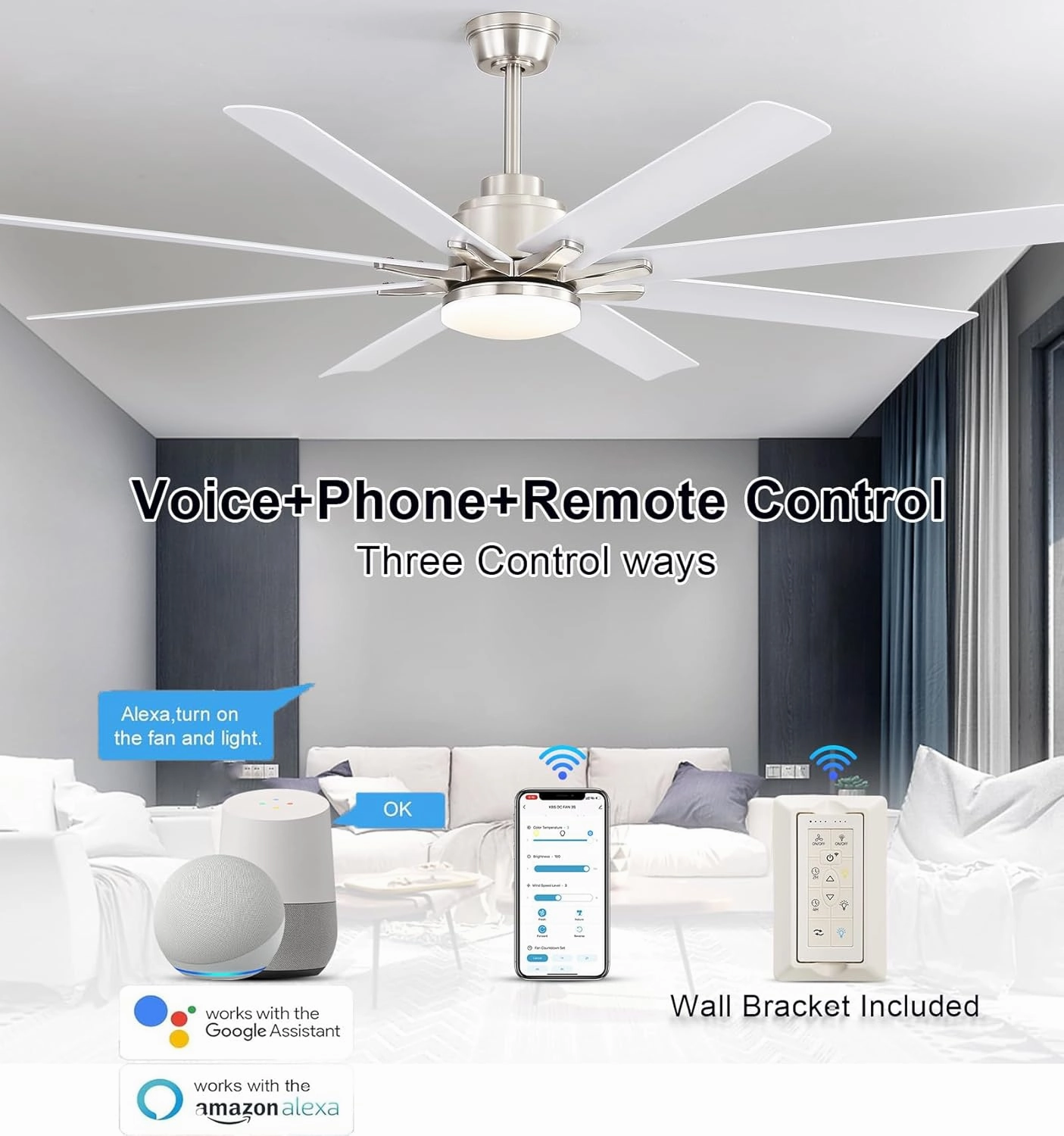 Sofucor 66 Inch Smart Ceiling Fans with Lights, Indoor/Outdoor Ceiling Fan with Remote, Work With Alexa/Google, Flush Mount, Quiet DC Reversible, Dimmable, Modern White Fan Light for Patio Farmhouse