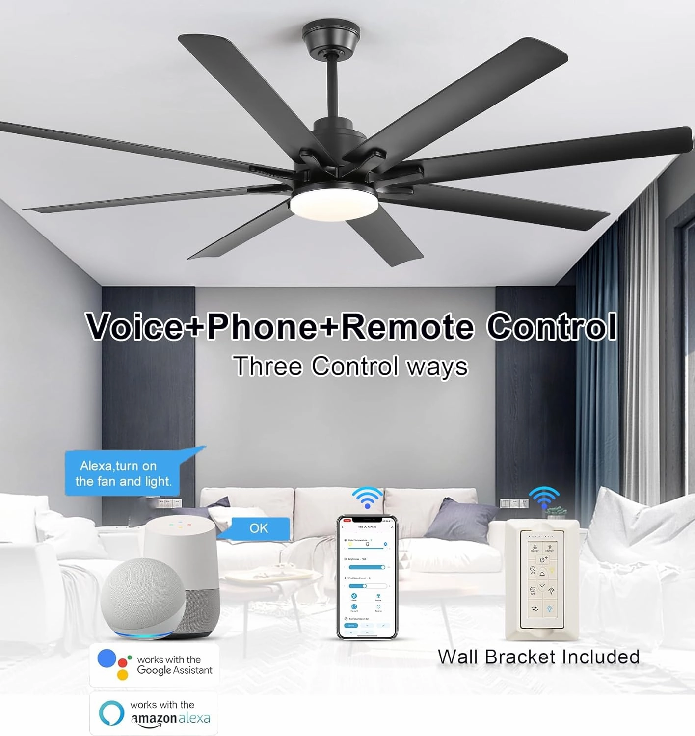 Sofucor 66" Smart Ceiling Fans with Lights, Indoor/Outdoor Ceiling Fan with Light and Remote, Compatible with Alexa/Google/App, Reversible, Quiet DC Motor, Black Ceiling Fans for Patio Farmhouse