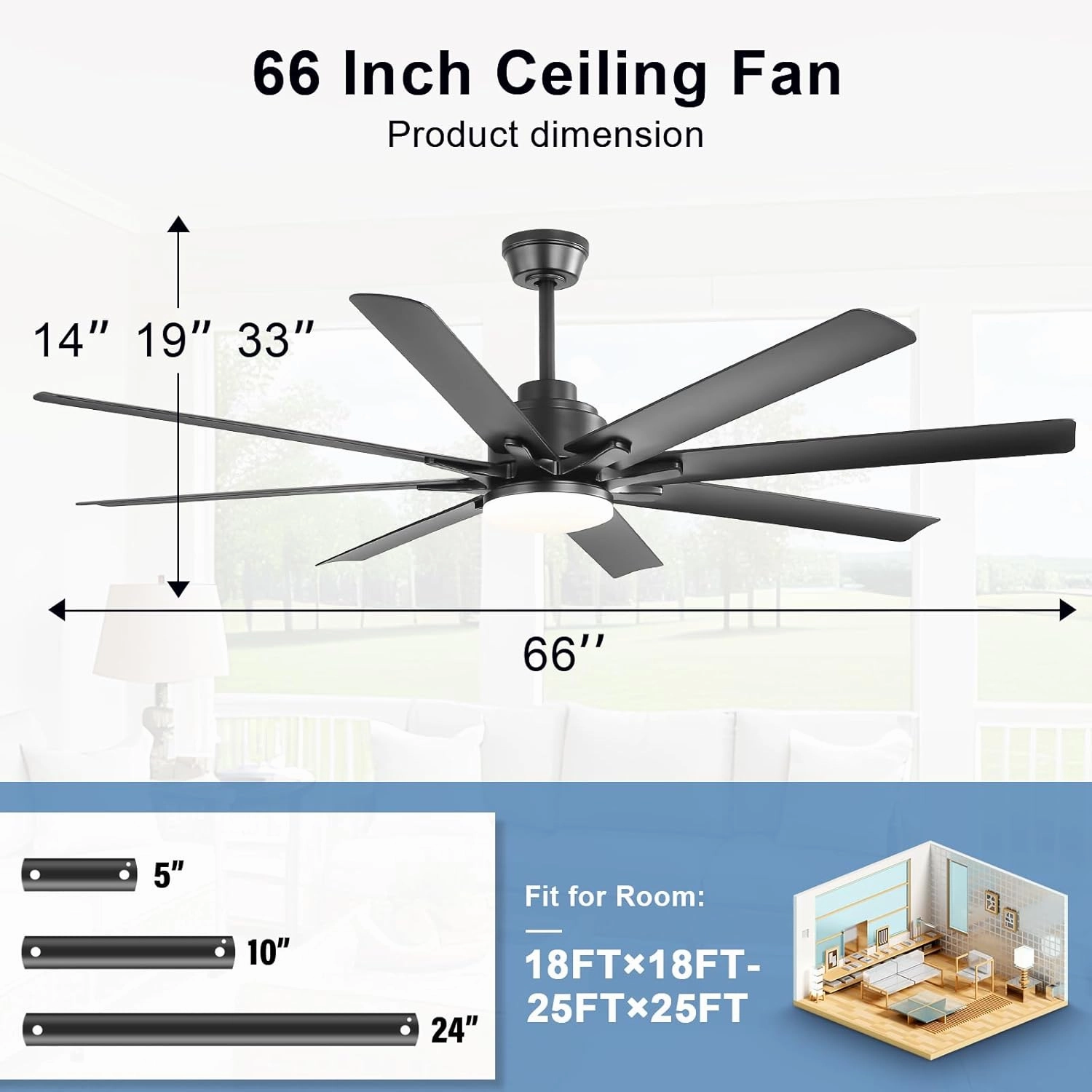 Sofucor 66" Smart Ceiling Fans with Lights, Indoor/Outdoor Ceiling Fan with Light and Remote, Compatible with Alexa/Google/App, Reversible, Quiet DC Motor, Black Ceiling Fans for Patio Farmhouse