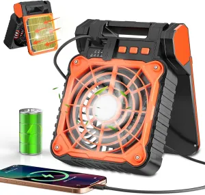 Solar Camping Fan 10400mAh, Solar Powered Fan with LED Lantern, 7W Rechargeable Battery Operated Fans for Outside, 4 Speeds, 2-8H Timer and Quiet Battery Powered Solar Tent Fans for Outdoor, Barbecue Solar-powered car fan for ventilation