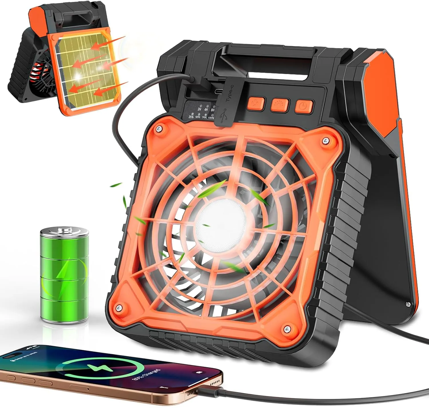Solar Camping Fan 10400mAh, Solar Powered Fan with LED Lantern, 7W Rechargeable Battery Operated Fans for Outside, 4 Speeds, 2-8H Timer and Quiet Battery Powered Solar Tent Fans for Outdoor, Barbecue Solar-powered car fan for ventilation