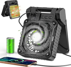 Solar Camping Fan 10400mAh, Solar Powered Fan with LED Lantern, 7W Rechargeable Battery Operated Fans for Outside, 4 Speeds, 2-8H Timer and Quiet Battery Powered Solar Tent Fans for Outdoor, Barbecue Solar-powered car fan for ventilation