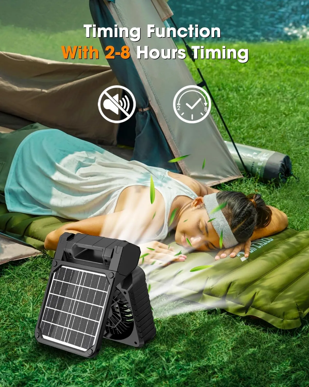 Solar Camping Fan 10400mAh, Solar Powered Fan with LED Lantern, 7W Rechargeable Battery Operated Fans for Outside, 4 Speeds, 2-8H Timer and Quiet Battery Powered Solar Tent Fans for Outdoor, Barbecue