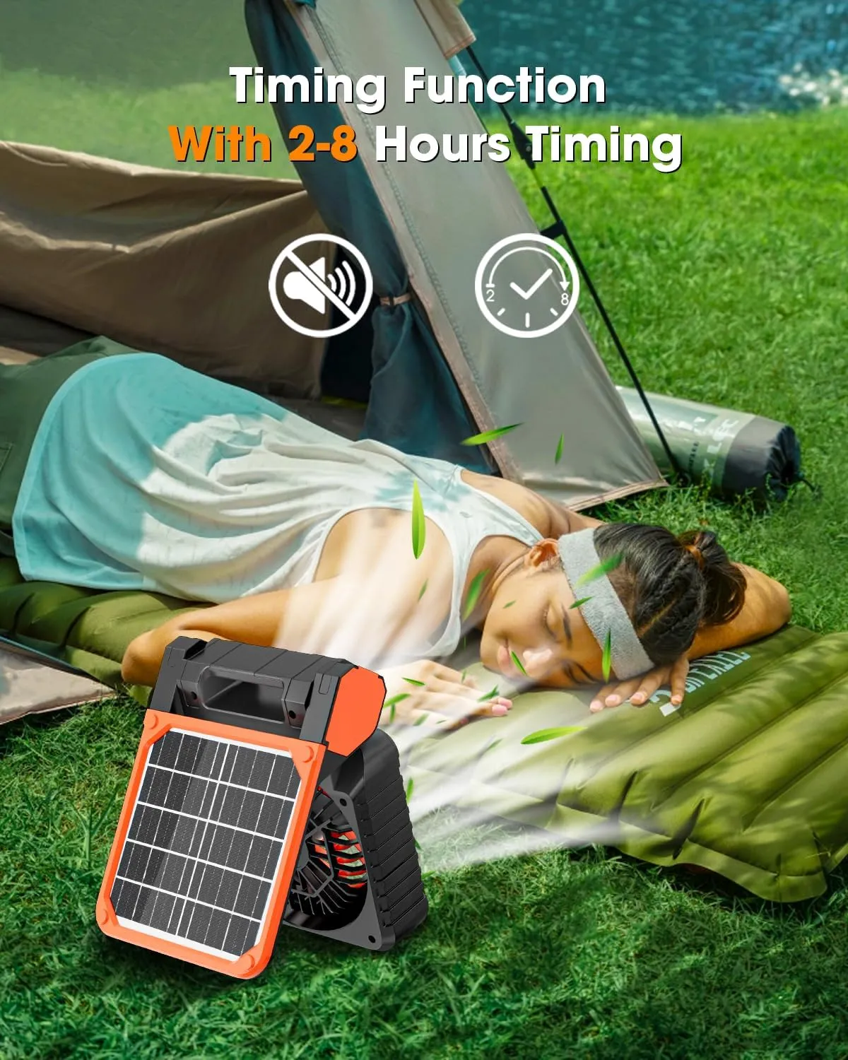 Solar Camping Fan 10400mAh, Solar Powered Fan with LED Lantern, 7W Rechargeable Battery Operated Fans for Outside, 4 Speeds, 2-8H Timer and Quiet Battery Powered Solar Tent Fans for Outdoor, Barbecue