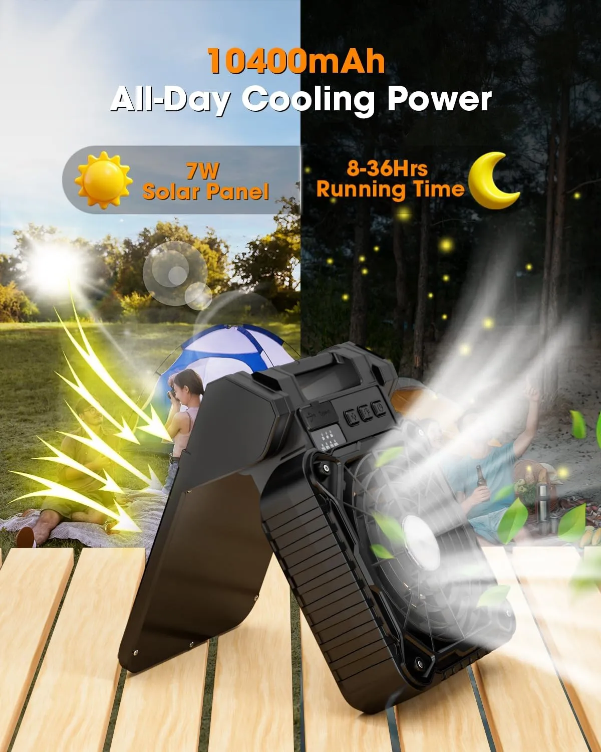 Solar Camping Fan 10400mAh, Solar Powered Fan with LED Lantern, 7W Rechargeable Battery Operated Fans for Outside, 4 Speeds, 2-8H Timer and Quiet Battery Powered Solar Tent Fans for Outdoor, Barbecue