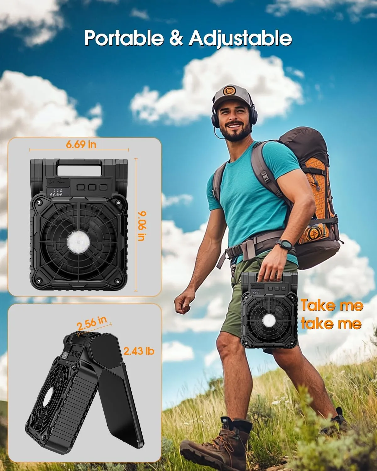 Solar Camping Fan 10400mAh, Solar Powered Fan with LED Lantern, 7W Rechargeable Battery Operated Fans for Outside, 4 Speeds, 2-8H Timer and Quiet Battery Powered Solar Tent Fans for Outdoor, Barbecue