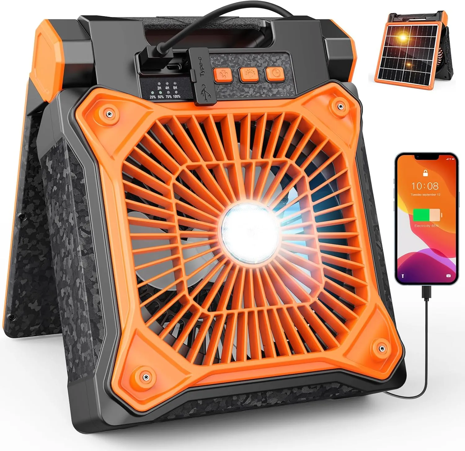 Solar Camping Fan with LED Lantern, 20000mAh Rechargeable Battery Powered with 10W Solar Panel, Quiet Battery Operated Tent Fan for Picnic, Barbecue, Fishing, Travel Solar-powered car fan for ventilation