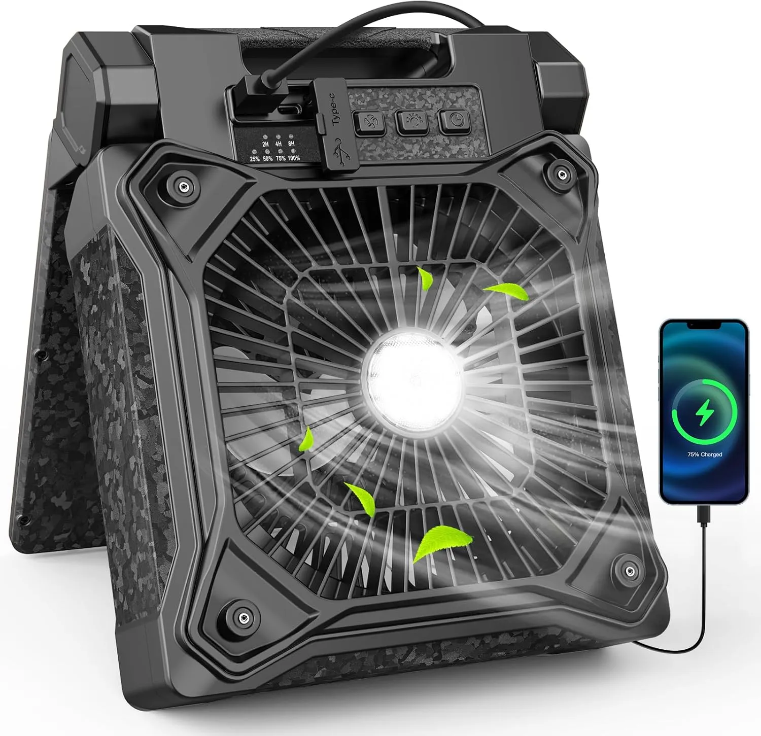 Solar Camping Fan with LED Lantern, 20000mAh Rechargeable Battery Powered with 10W Solar Panel, Quiet Battery Operated Tent Fan for Picnic, Barbecue, Fishing, Travel Solar-powered car fan for ventilation