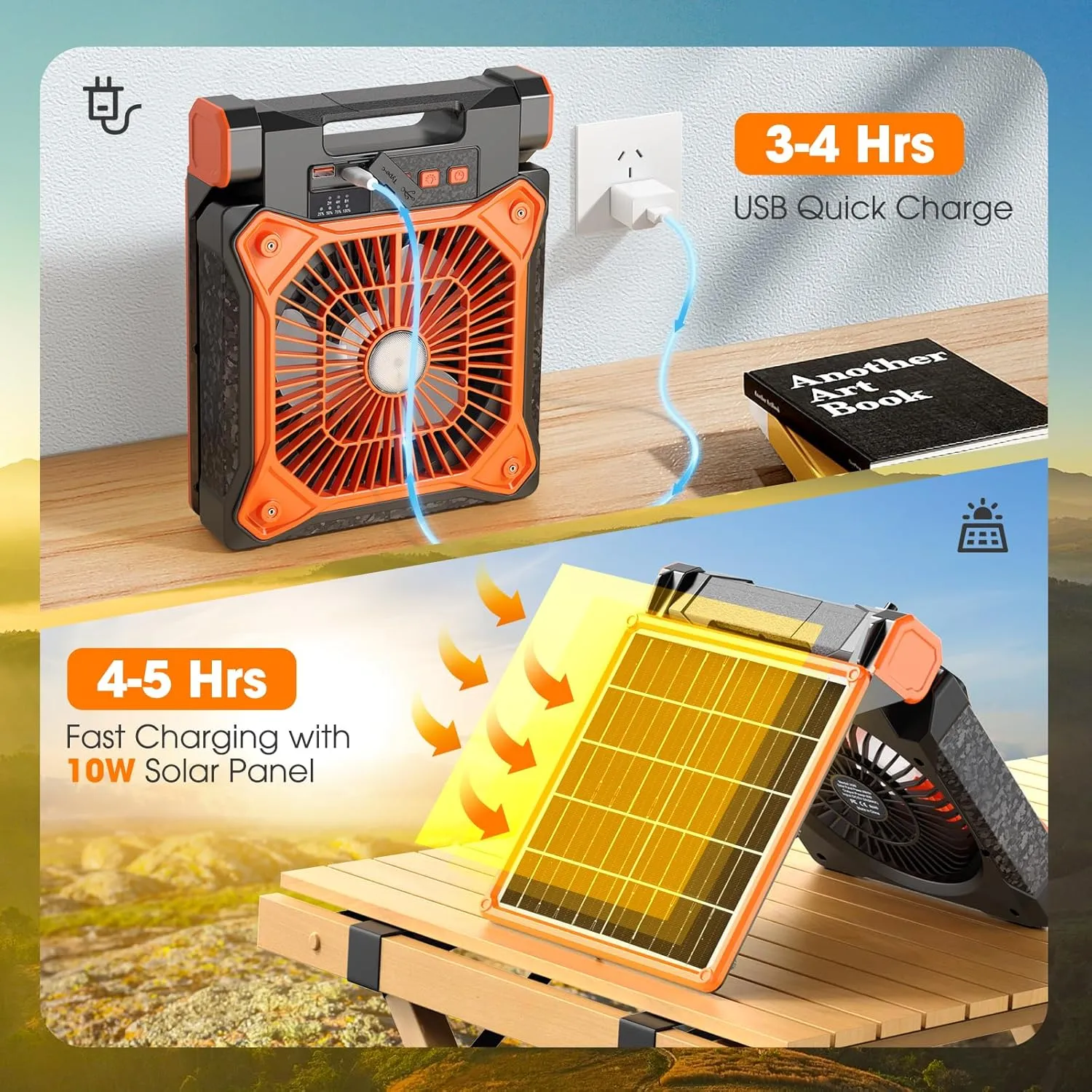 Solar Camping Fan with LED Lantern, 20000mAh Rechargeable Battery Powered with 10W Solar Panel, Quiet Battery Operated Tent Fan for Picnic, Barbecue, Fishing, Travel