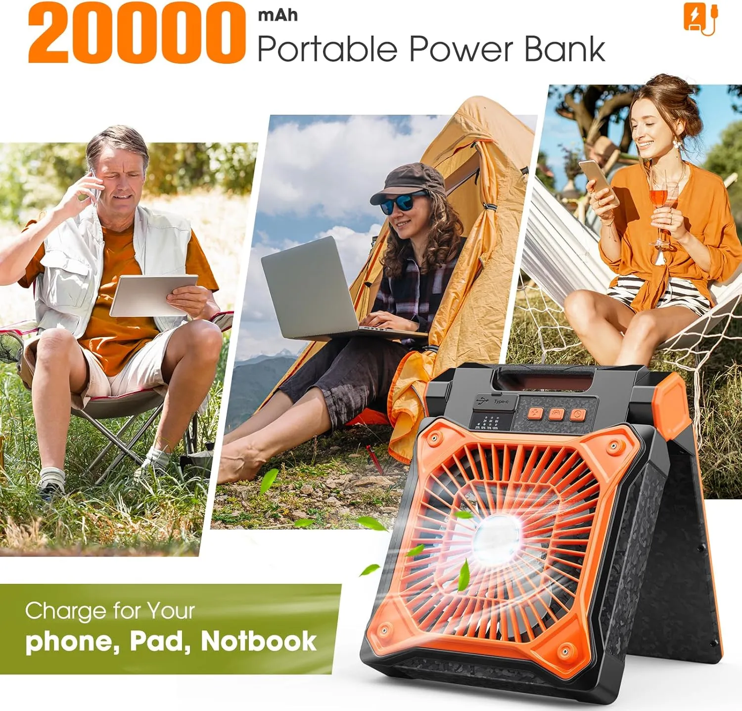 Solar Camping Fan with LED Lantern, 20000mAh Rechargeable Battery Powered with 10W Solar Panel, Quiet Battery Operated Tent Fan for Picnic, Barbecue, Fishing, Travel