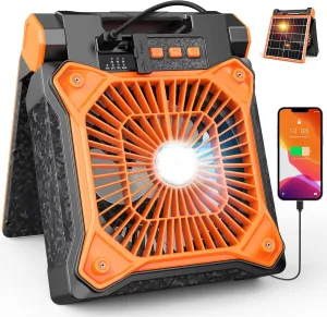 Solar Camping Fan with LED Lantern, 20000mAh Rechargeable Battery Powered with 10W Solar Panel, Quiet Battery Operated Tent Fan for Picnic, Barbecue, Fishing, Travel Solar-powered car fan for ventilation