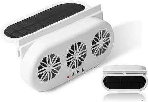 Solar Car Window Fans with Exhaust and Intake - Vehicle Exhaust Fan with 3 Air Outlet, Window Fan Vehicle Radiator Vent with USB for All Cars, White Solar-powered car fan for ventilation