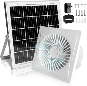 Solar Exhaust Fan, 25W Solar Panel   8" Ventilation Vent Fan, with Power Adapter, Anti-backflow Valve, High Speed Solar Powered Exhaust Fan for Shed, Chicken Coop, Greenhouse, Dog House (White) Solar-powered car fan for ventilation