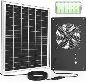 Solar Fan with Battery 15000mAh & Timer 3H 6H, 25W Solar Powered Chicken Coop Exhaust Fan 3500 RPM Max-Speed, Rainproof for Outdoor Greenhouse, Doghouses, Shed, Vent, Windows Solar-powered car fan for ventilation