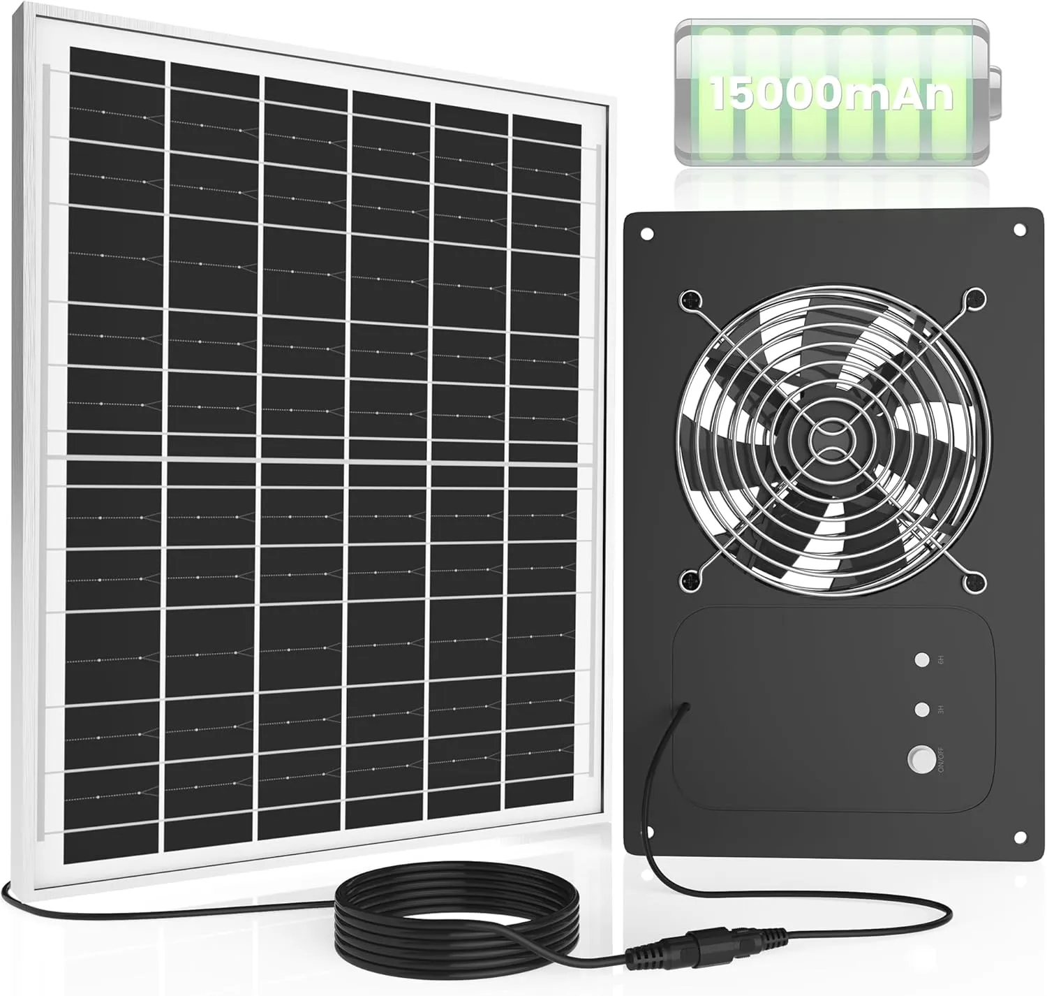 Solar Fan with Battery 15000mAh & Timer 3H 6H, 25W Solar Powered Chicken Coop Exhaust Fan 3500 RPM Max-Speed, Rainproof for Outdoor Greenhouse, Doghouses, Shed, Vent, Windows Solar-powered car fan for ventilation
