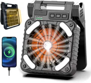 Solar Powered Camping Fan with LED Lantern,10000mAh Rechargeable Battery Operated Portable Fan,4 Speeds/Timer/Power Bank 90 Folding USB Personal Desk Fan (Black&Orange) Solar-powered car fan for ventilation