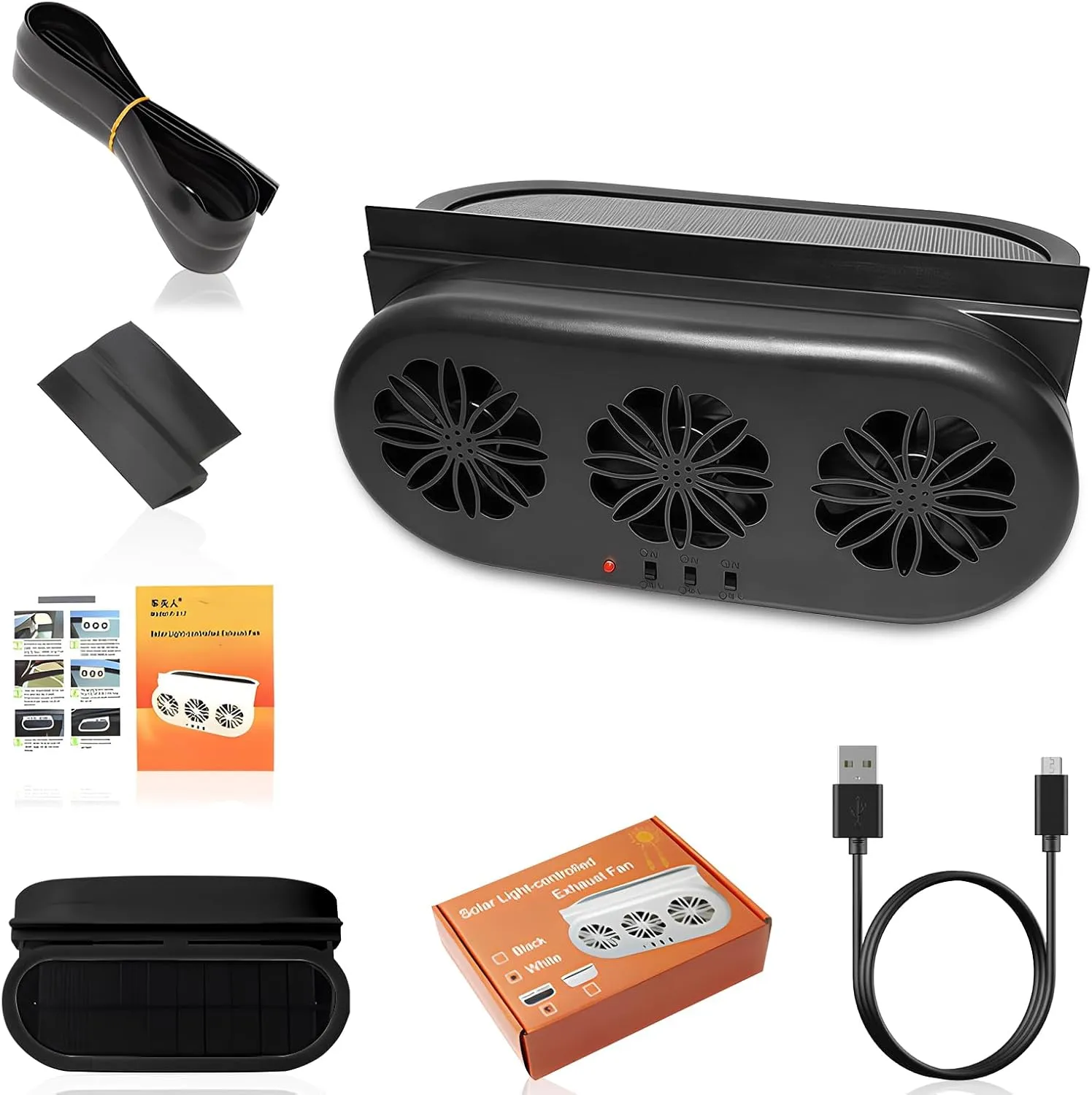 Solar Powered Car Exhaust Fan, 3 Air Outlets, Auto Ventilation System,Air Circulation in The Car Cooling, Eliminating Odors, Suitable for General Types of Car(Black) Solar-powered car fan for ventilation