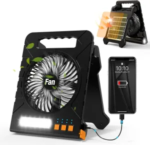 Solar Powered Fan for Camping, 4000mAh Portable Table Fan with LED Lantern, Flashlight, Battery Operated, 4 Speeds Powerful Wind and 4 Timers, for Workbench, Picnic, Hurricane, Fishing Solar-powered car fan for ventilation