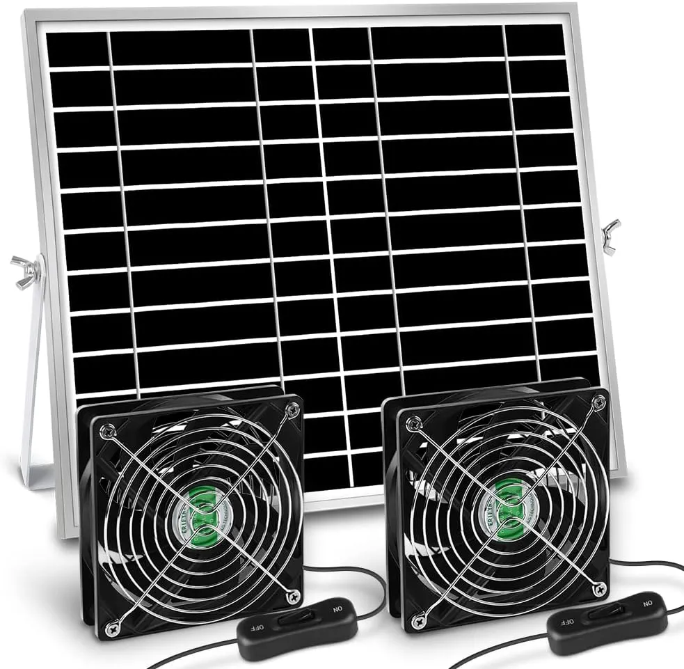 Solar Powered Fan, Solar Fan for Shed, Chicken Coop, Greenhouse, Outside with Two IPX7 Waterproof 5In Fans 13Ft On/Off Switch Cable Exhaust Intake Mounting Way and Installation Kits Solar-powered car fan for ventilation