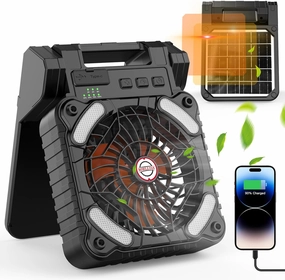 Solar Camping Fan with 10400mAh Built-in Rechargeable Battery,Dual-Power Outdoor Fan,Portable Fan with Timer,Phone Charging,LED Lantern,for Camping,Fishing,Power Outage,Hurricane(Black-Orange) Solar-powered car fan for ventilation