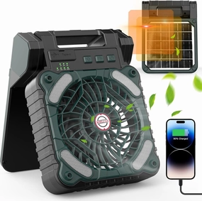 Solar Camping Fan with 10400mAh Built-in Rechargeable Battery,Dual-Power Outdoor Fan,Portable Fan with Timer,Phone Charging,LED Lantern,for Camping,Fishing,Power Outage,Hurricane,Travel Solar-powered car fan for ventilation