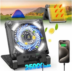 Solar Powered Camping Fan,Portable Rechargeable Battery Powered Travel Fan with LED Lantern,Beach Essentials for Hurricane Emergencies, Hiking,Worksite Cooling Solar-powered car fan for ventilation