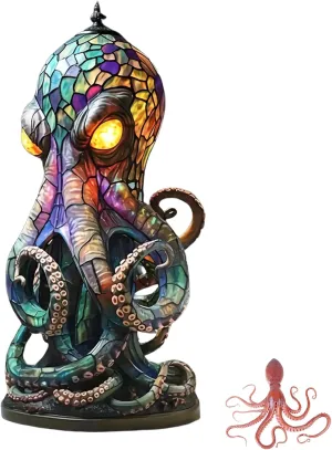 Stained Glass Style Resin Octopus Lamp with Glowing Eyes, 3D Animal Lamp, Vintage Night Light, Unique Bohemian Style Ocean Themed Decorative Table Lamps, Octopus Lamps for Home, Bedroom, Office (S) Octopus-shaped decorative fan