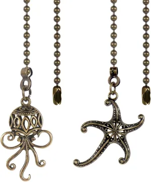 Starfish and Octopus Ceiling Fan Pull Chain, Sea Ocean Theme Pulls Charm Extension Decorative,12in 3mm Diameter Beaded Fan Light Pull Chains Extender Ornaments for Kids Room,Bronze Octopus-shaped decorative fan