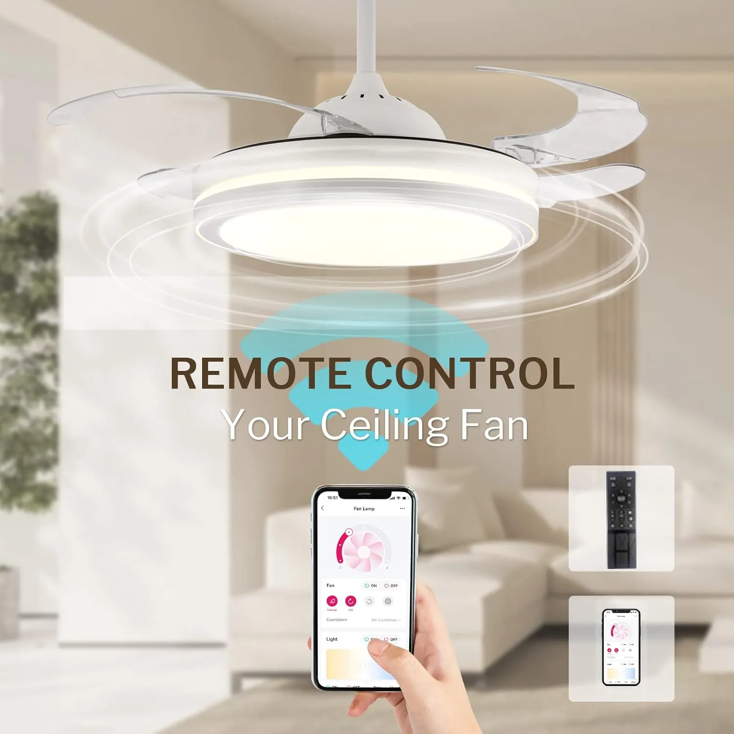 STERREN 42 Inch Retractable Ceiling Fans with Lights,Modern Bladeless LED Ceiling Fan Lights with Remote Control, Smart White Bedroom Ceiling Fan with Light